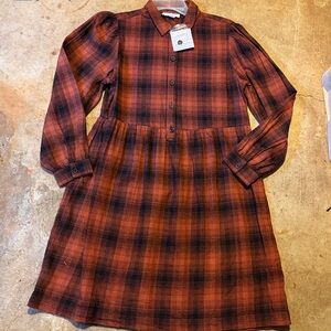 Beach lunch lounge brown black Plaid FLANNEL button SHIRT DRESS New women’s MED